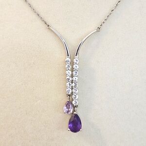 Amethyst & Topaz Sterling Silver V Shaped Necklace Stamped & Signed NH